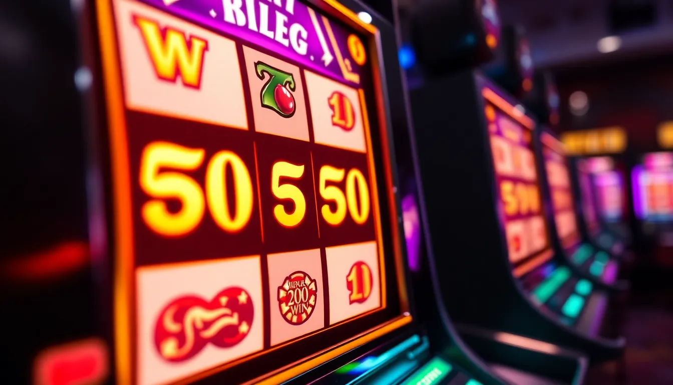 Close-up of a high stakes slot machine screen flashing mega win jackpot multipliers in neon purple and gold