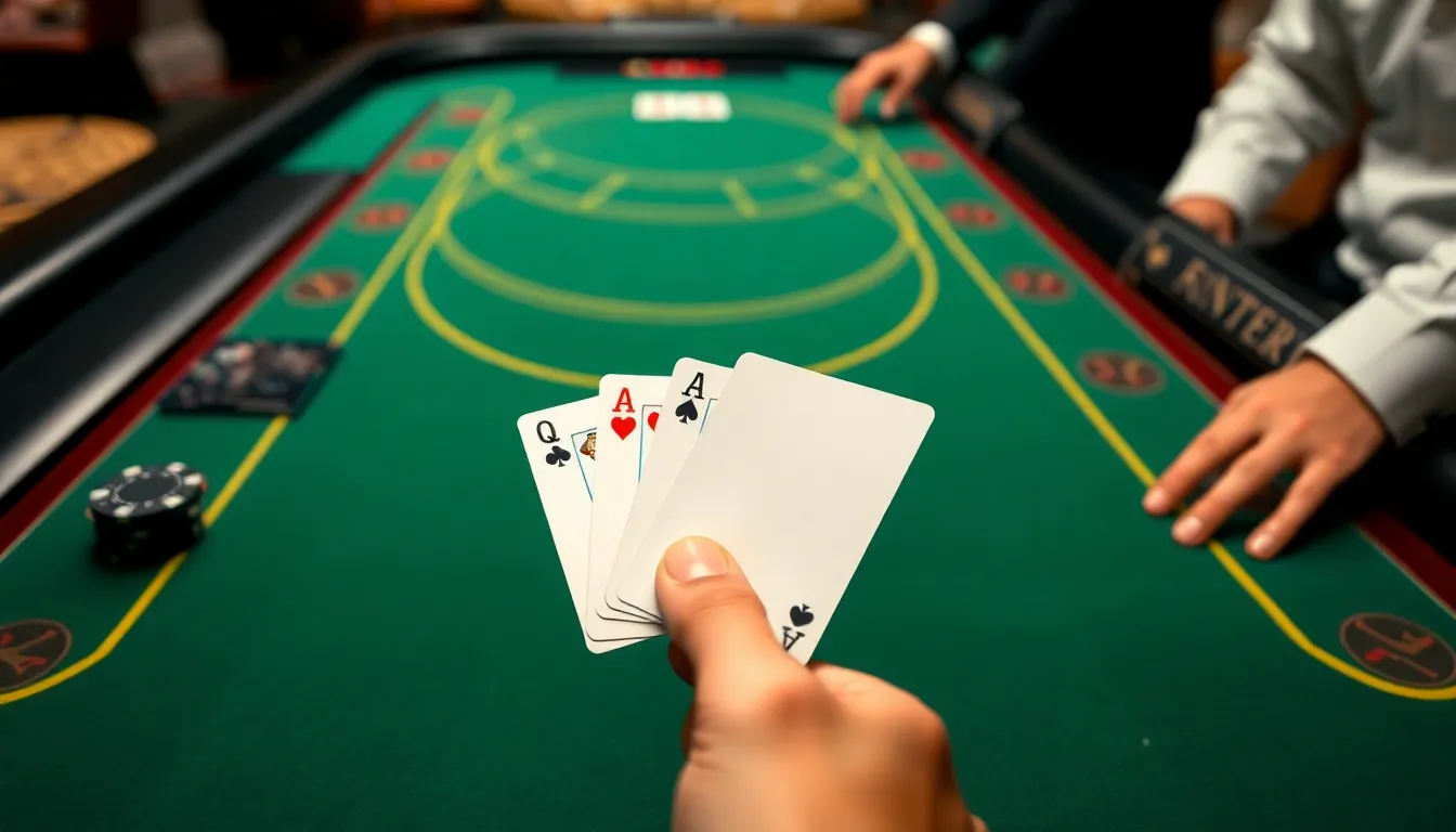 First-person POV of an immaculate blackjack table holding a natural 21 blackjack with black luxury casino chips