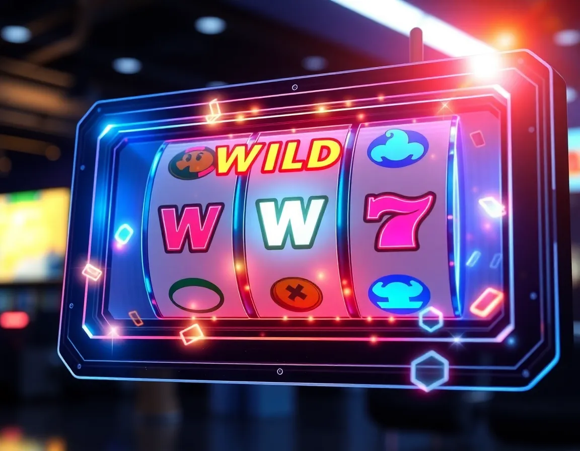 Futuristic slot machine reel visual showing expanding wild symbols and glowing scatter icons on transparent digital glass