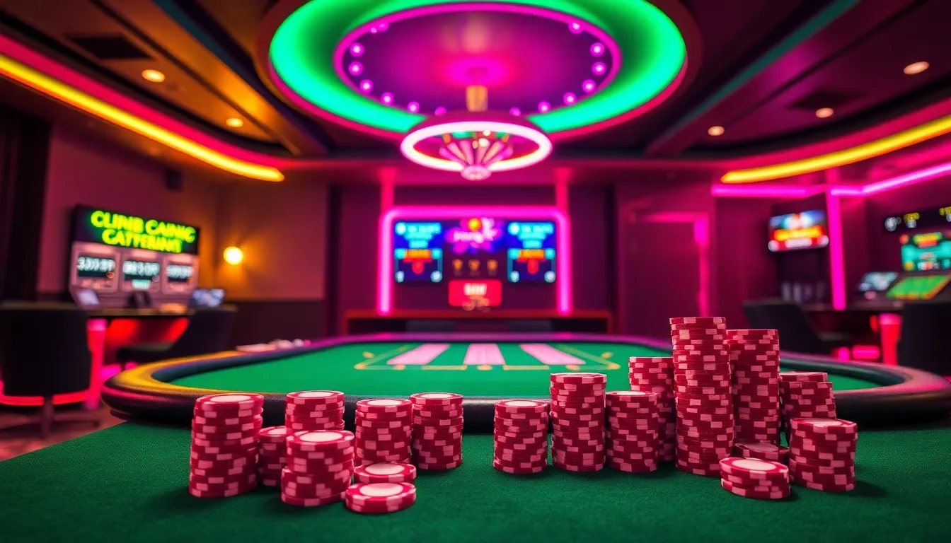High-roller live casino floor with a glowing green felt blackjack table, neon pink ambient lighting, stacks of luxury chips and digital payout counters
