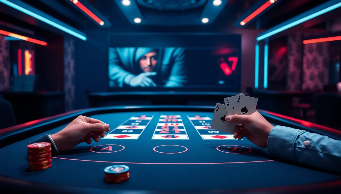 High stakes baccarat table layout with banker and player card reveals under glossy futuristic casino lighting