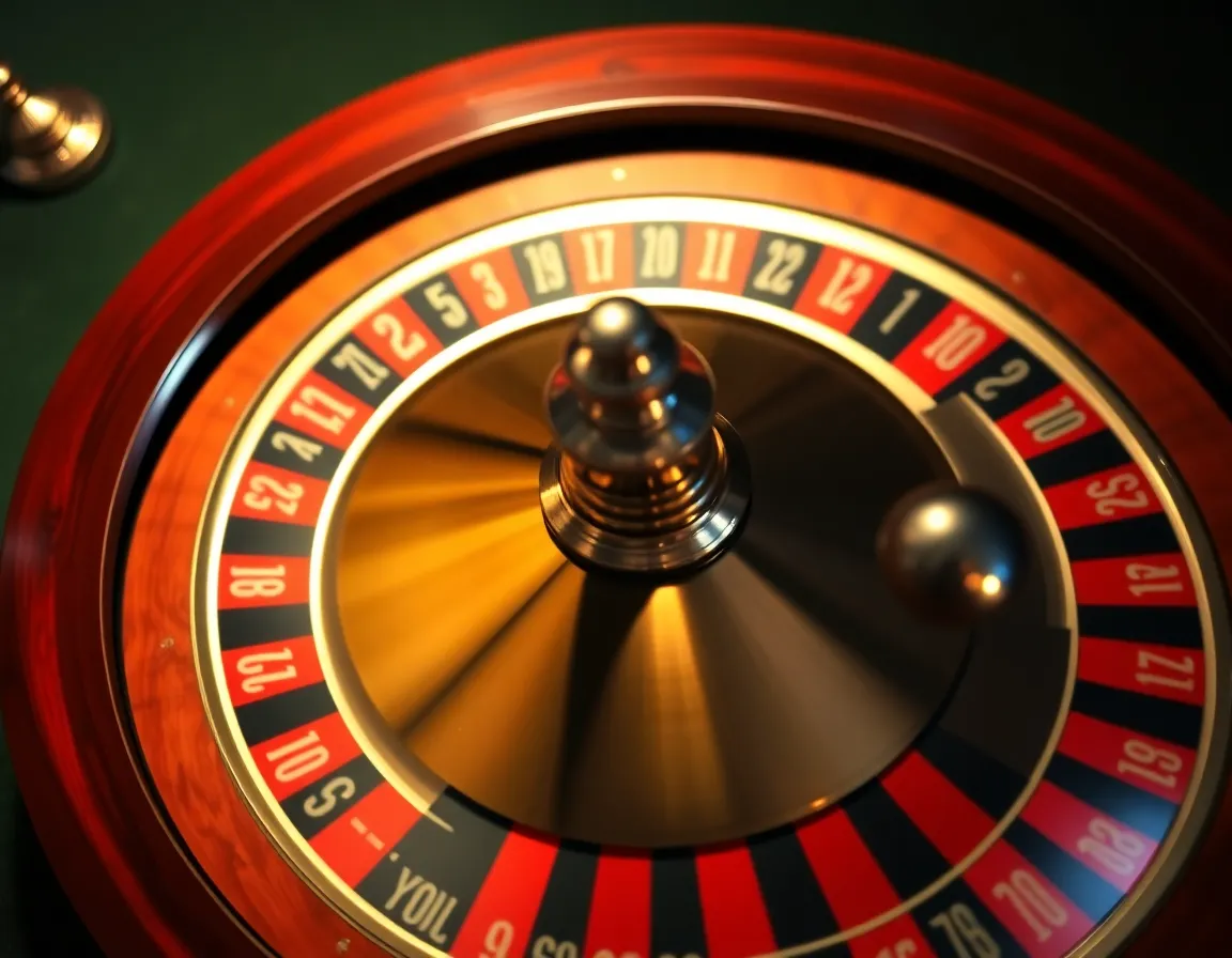 Overhead top down perspective of a luxury casino roulette wheel spinning in motion with the ivory ball bouncing near number zero