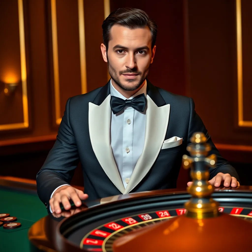 Portrait of a sophisticated male dealer in tailored tuxedo spinning a roulette wheel