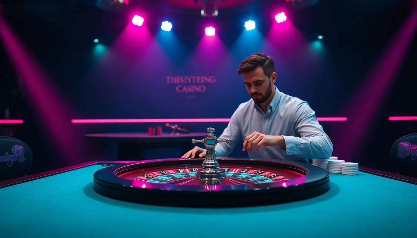 Professional live casino dealer at a high end roulette table illuminated by sharp cyan and magenta studio lights